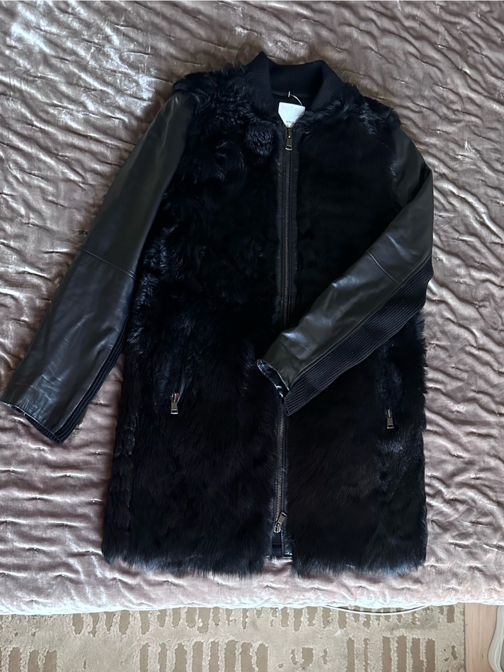 Women's black fur/ lamb shearling  jacket with leather and knit arms